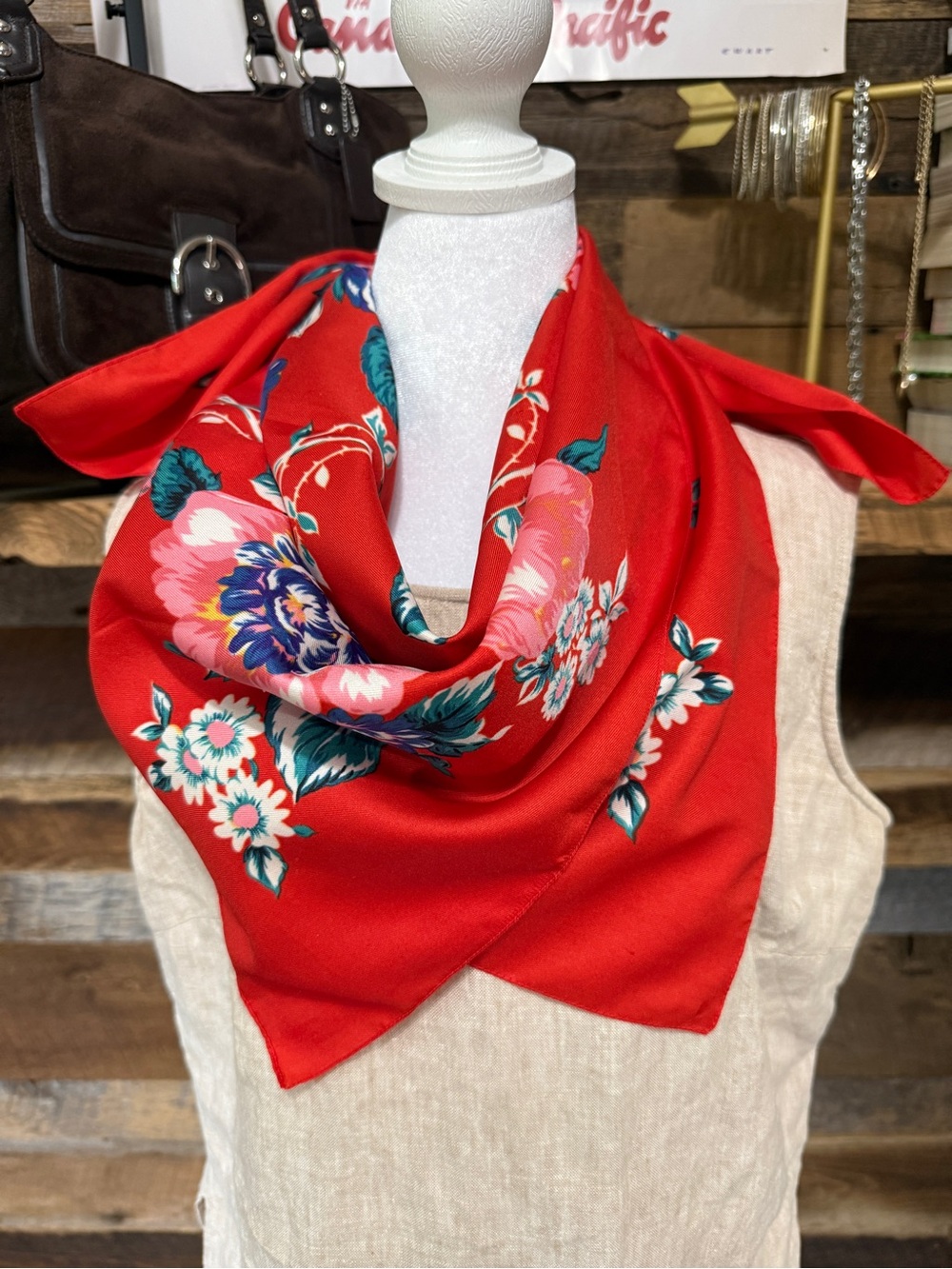 Red Floral Square Scarf
